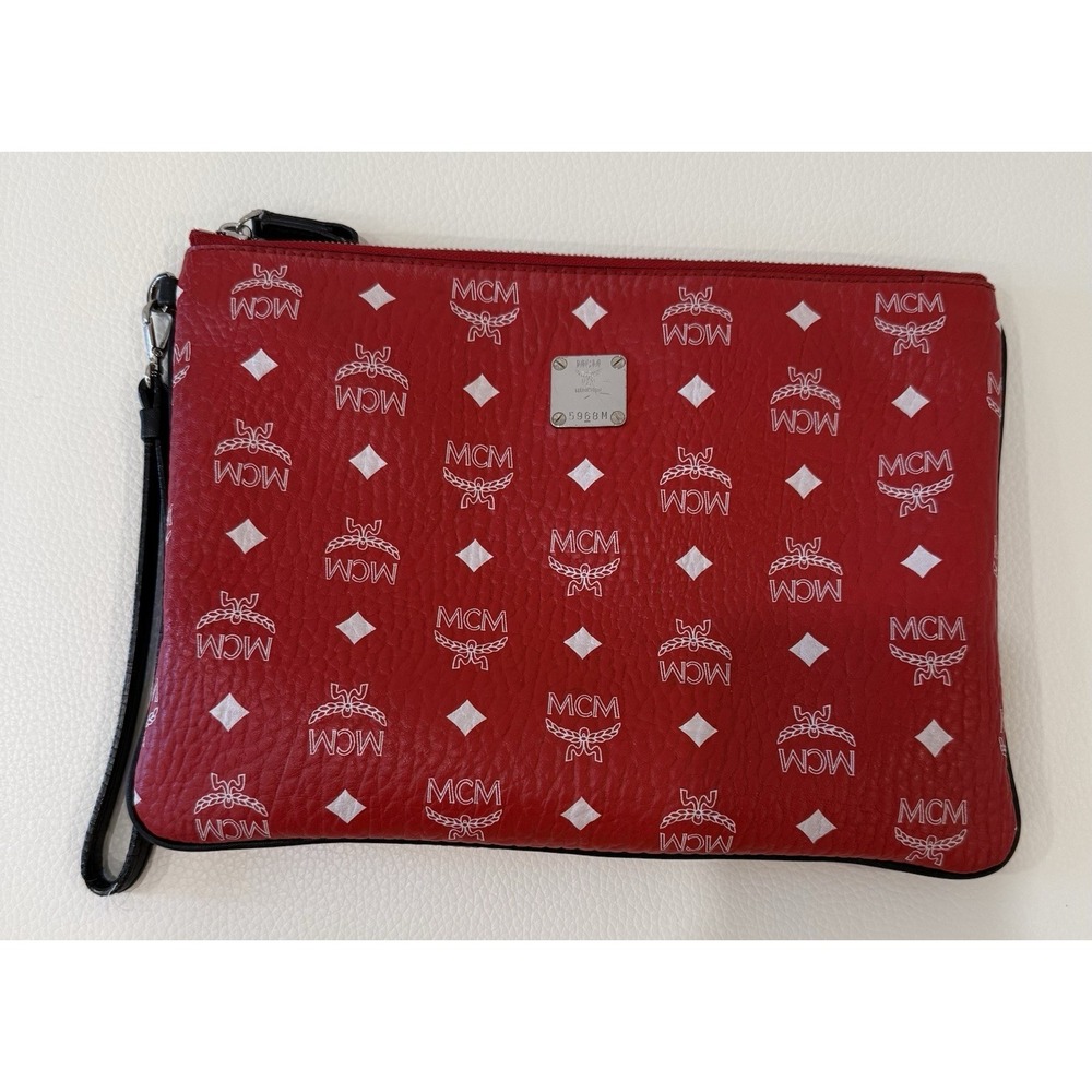 MCM Red Pebbled Clutch Wristlet with Logo Accent Wrist Strap